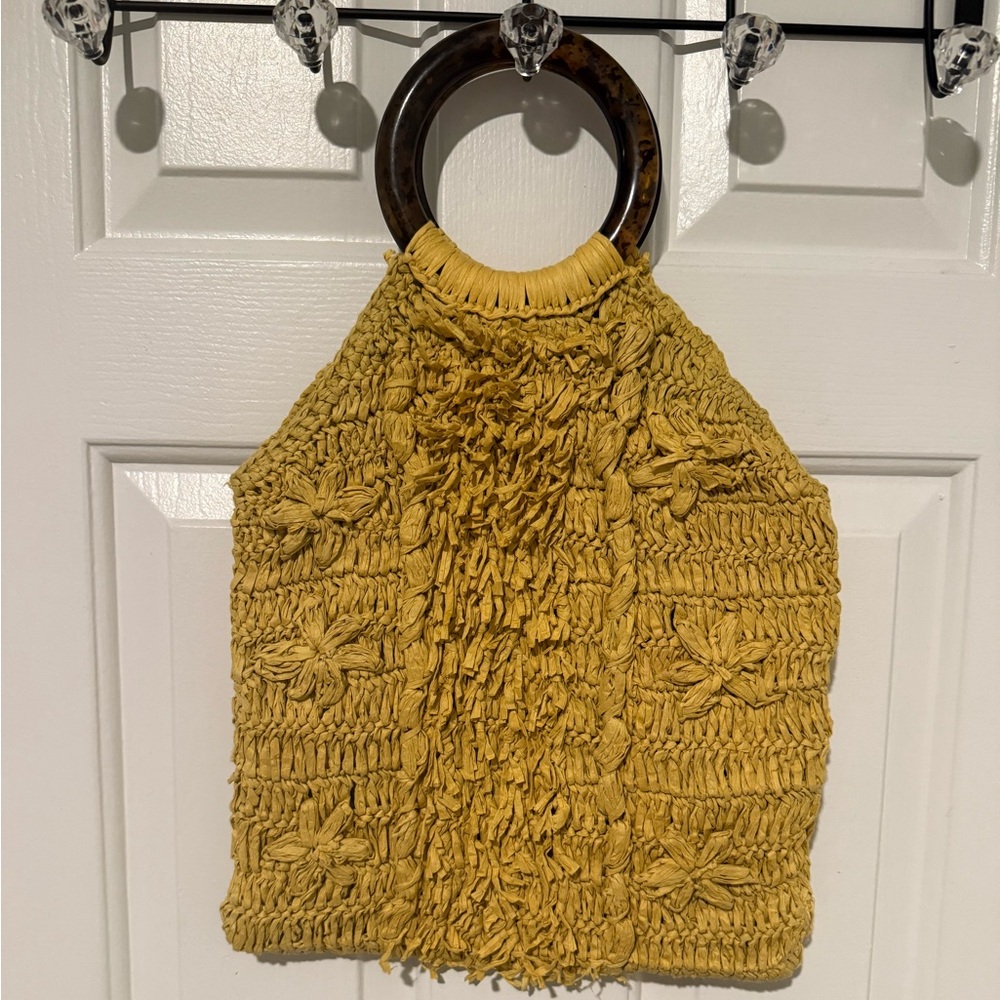 Anthropologie Rosalita Rafia Yellow Fringe Tote Bag - Picture 3 of 16